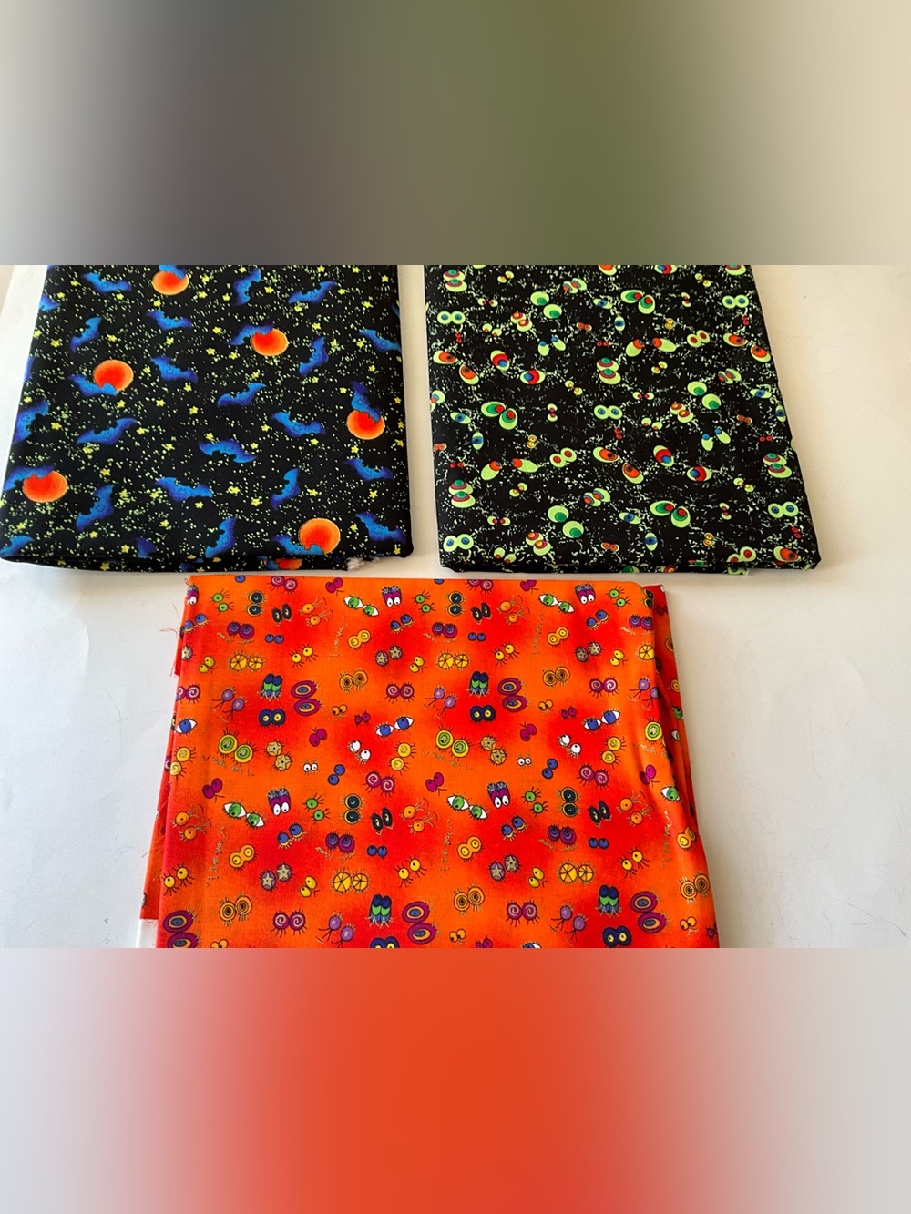 Halloween Quilting Sewing Crafts Fabrics Goggle Eyes Bats Orange Green Blue